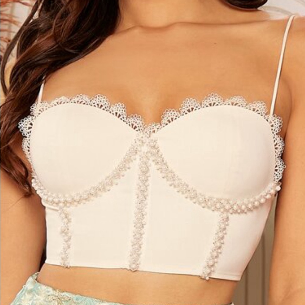 Pearls tape detail crop cami top